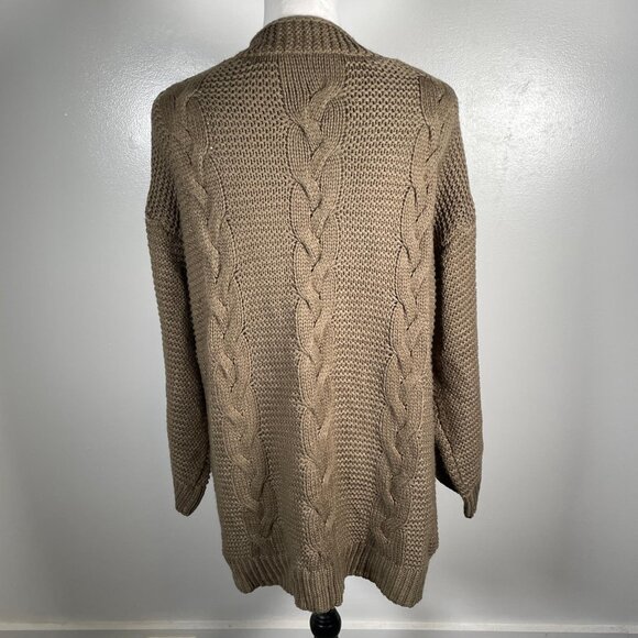 Olive Green Shawl Neck Open Front Waffle Cable Knit 3/4 Sleeve Cardigan L - Picture 10 of 11